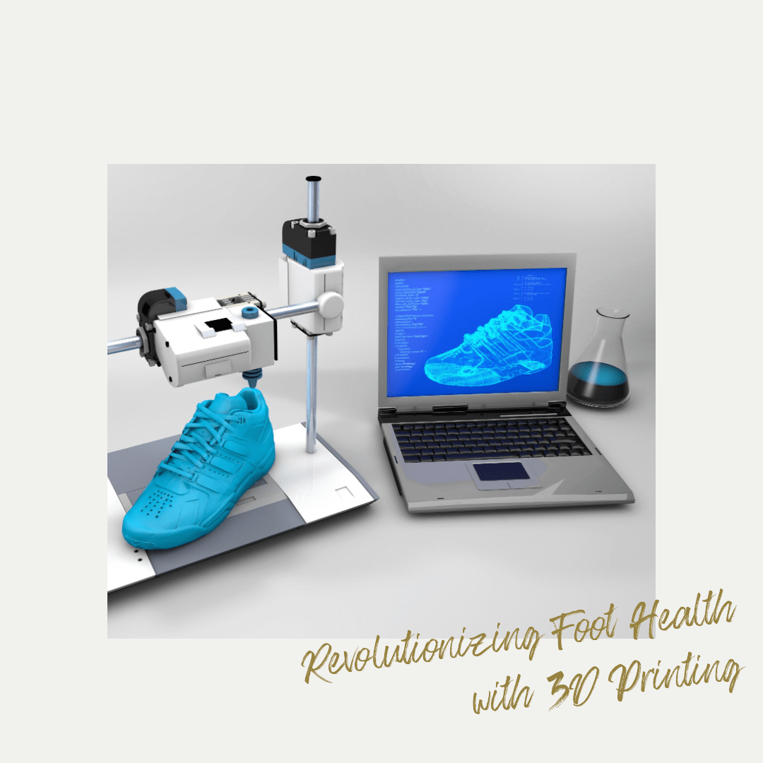 Ein Computer, der den Schuh anzeigt und eine Maschine, die den 3D Druck ausführt. Symbolisch für die Zukunft der Fußgesundheit durch 3D-Druck.