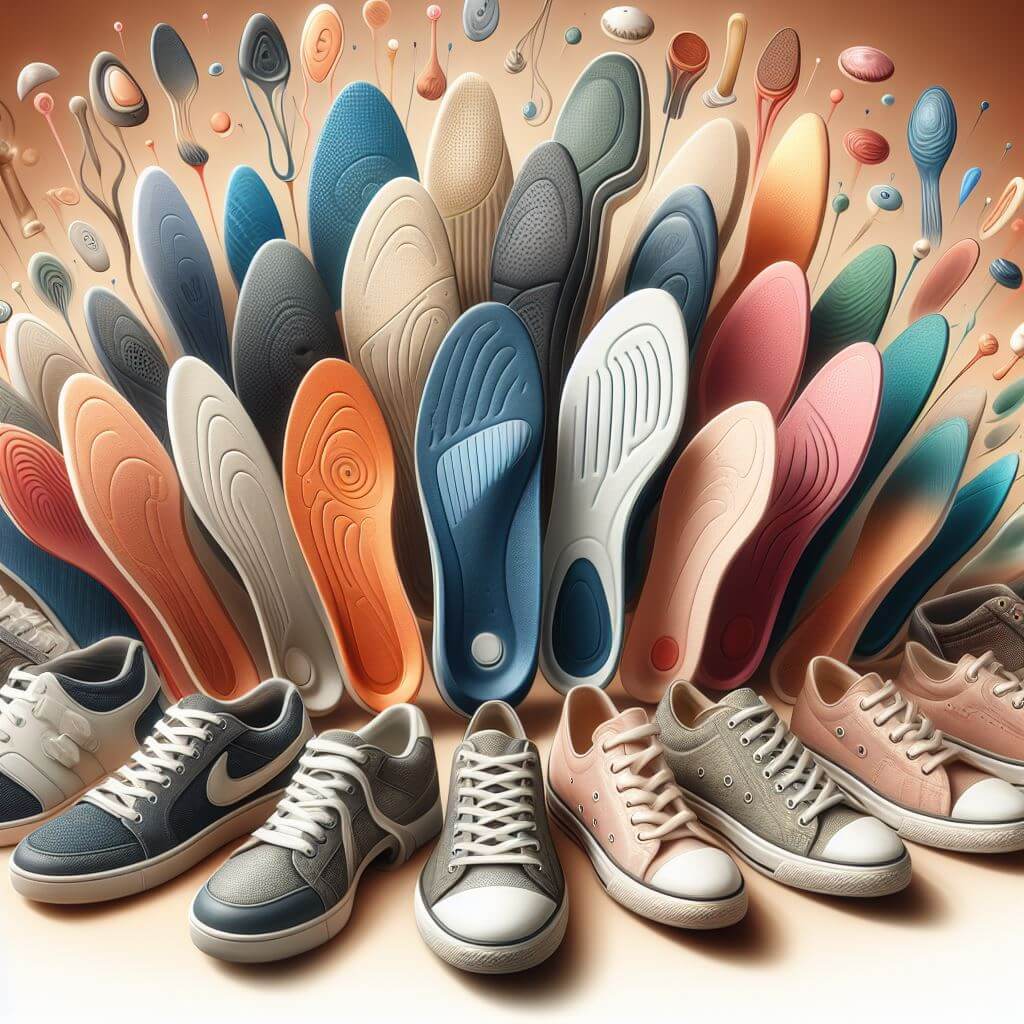 Orthopädische Einlagen in verschiedenen Ausführungen für Sneakers, Loafers und High Heels, die Fußgesundheit und Komfort fördern.