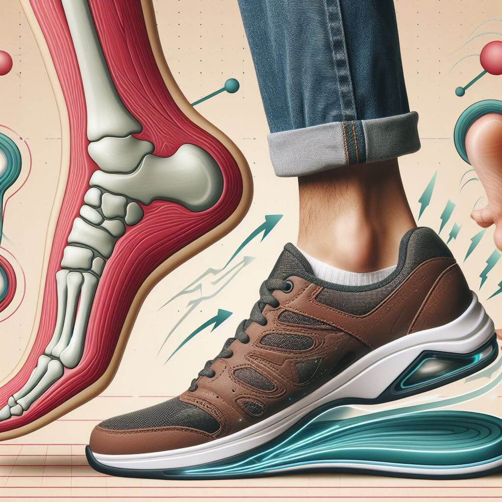 Orthopädische sensomotorische Aktiveinlagen und luftgepolsterte Schuhe nebeneinander, mit visuellen Effekten, die die Unterschiede in der Fußunterstützung zeigen.